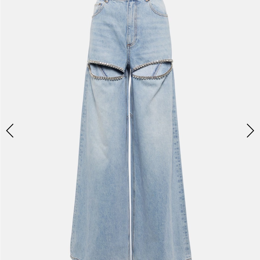 AREA Blue Wide Leg Jeans with CRYSTAL Knee Cut-Outs
